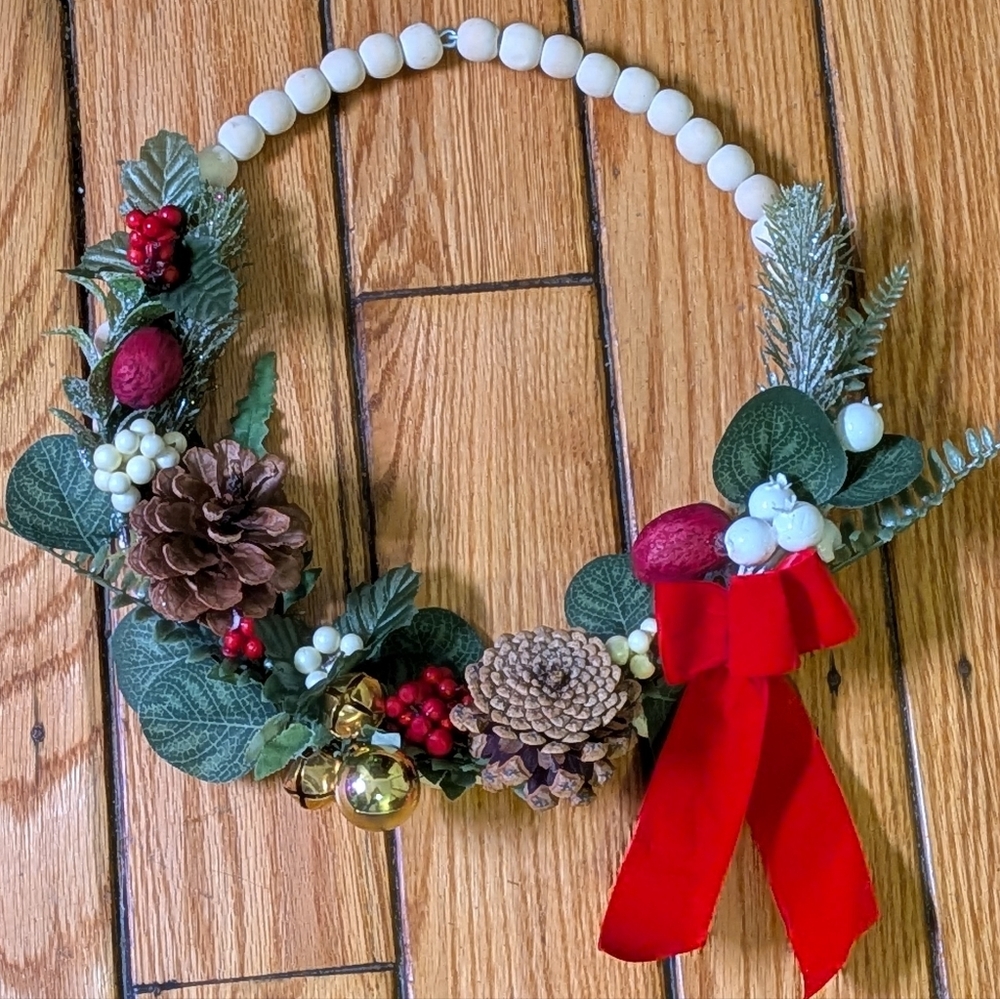Handmade Holiday Wreath with Red Bow & Mistletoe